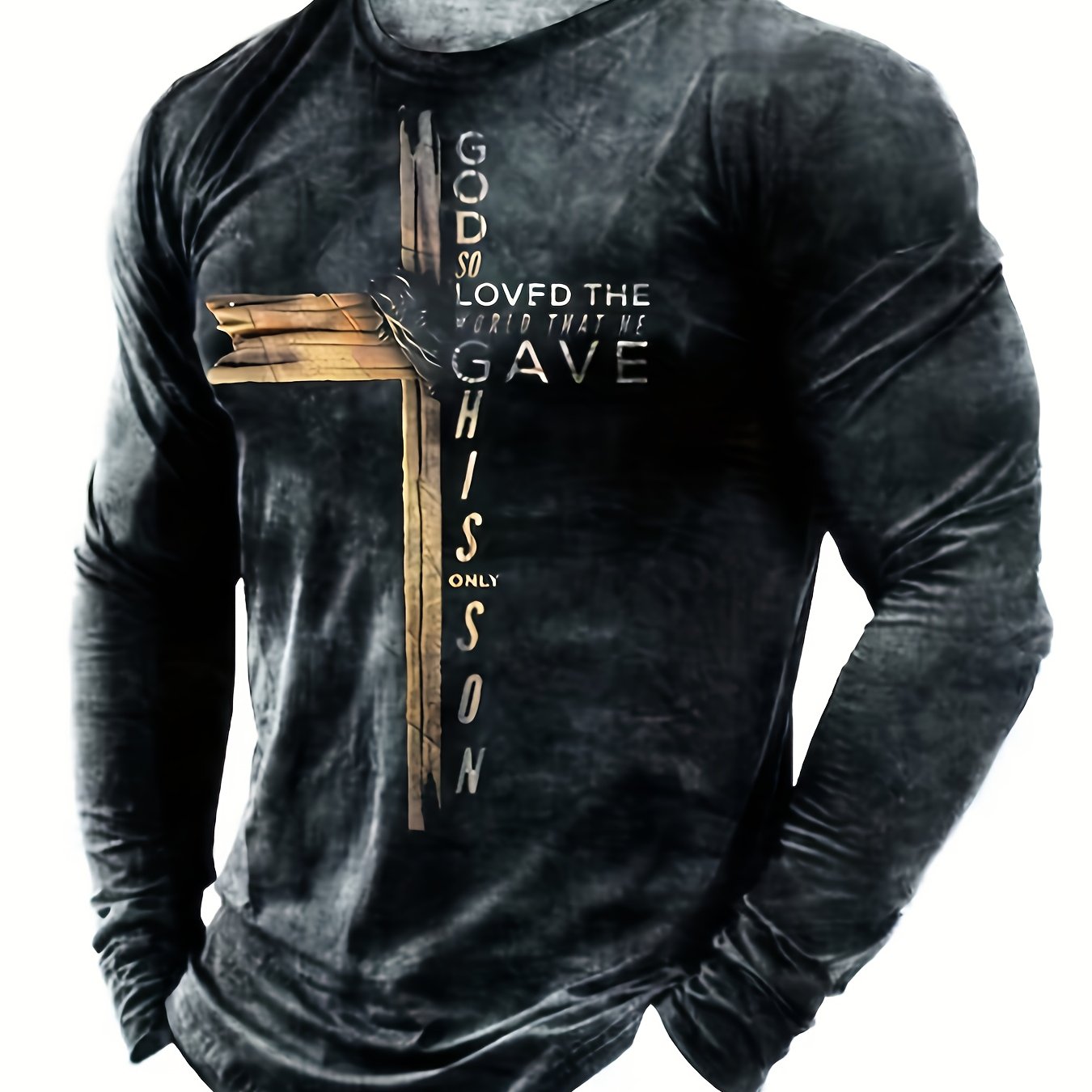 Classic Cross And Letter Print Men's Creative Long Sleeve Crew Neck T-shirt For Spring Fall, Gift For Men