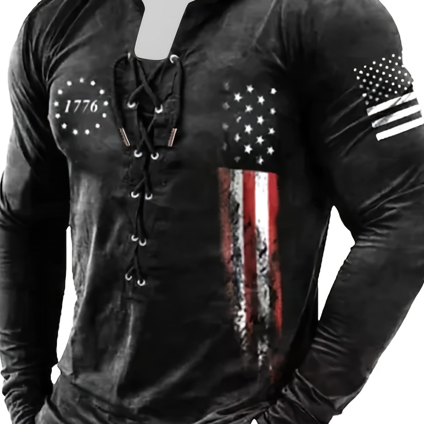 Retro American Flag Print Men's Long Sleeve Henley Shirt, Men's Spring Fall Top, Gift For Men