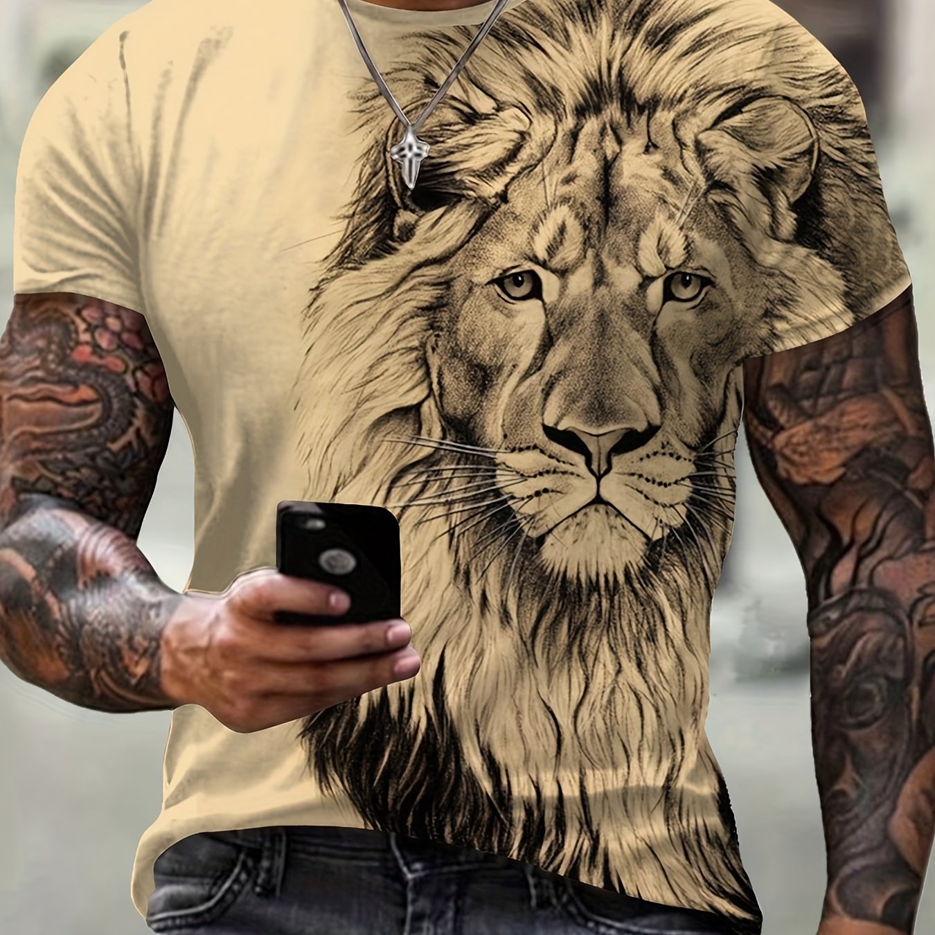 Lion Pattern Print Men's Comfy T-shirt, Graphic Tee Men's Summer Clothes, Men's Clothing