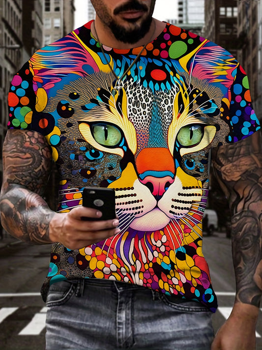 Colorful Art Cat 3D Digital Pattern Print Men's Graphic T-shirts, Causal Comfy Tees, Short Sleeves Comfortable Pullover Tops, Men's Summer Clothing
