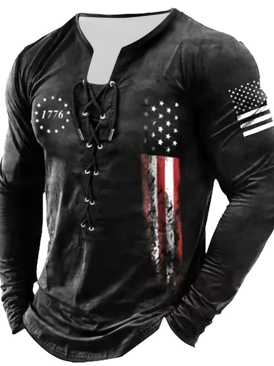 Retro American Flag Print Men's Long Sleeve Henley Shirt, Men's Spring Fall Top, Gift For Men
